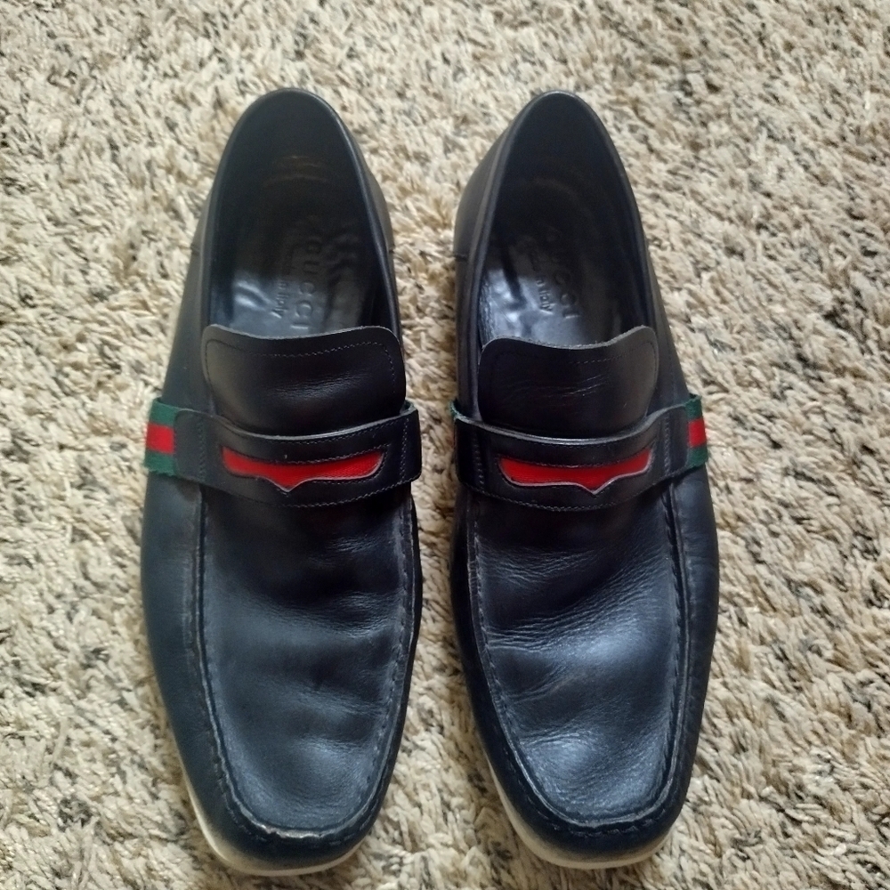 GUCCI  FLAG Black Leather Boat Deck Loafers sz 9 - Picture 2 of 11